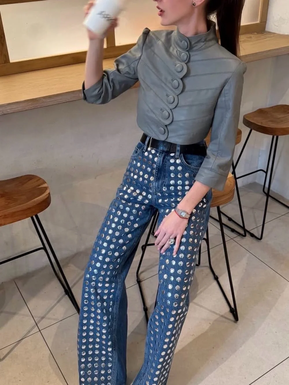 Light Blue Studded Denim Jeans - Picture 2 of 13